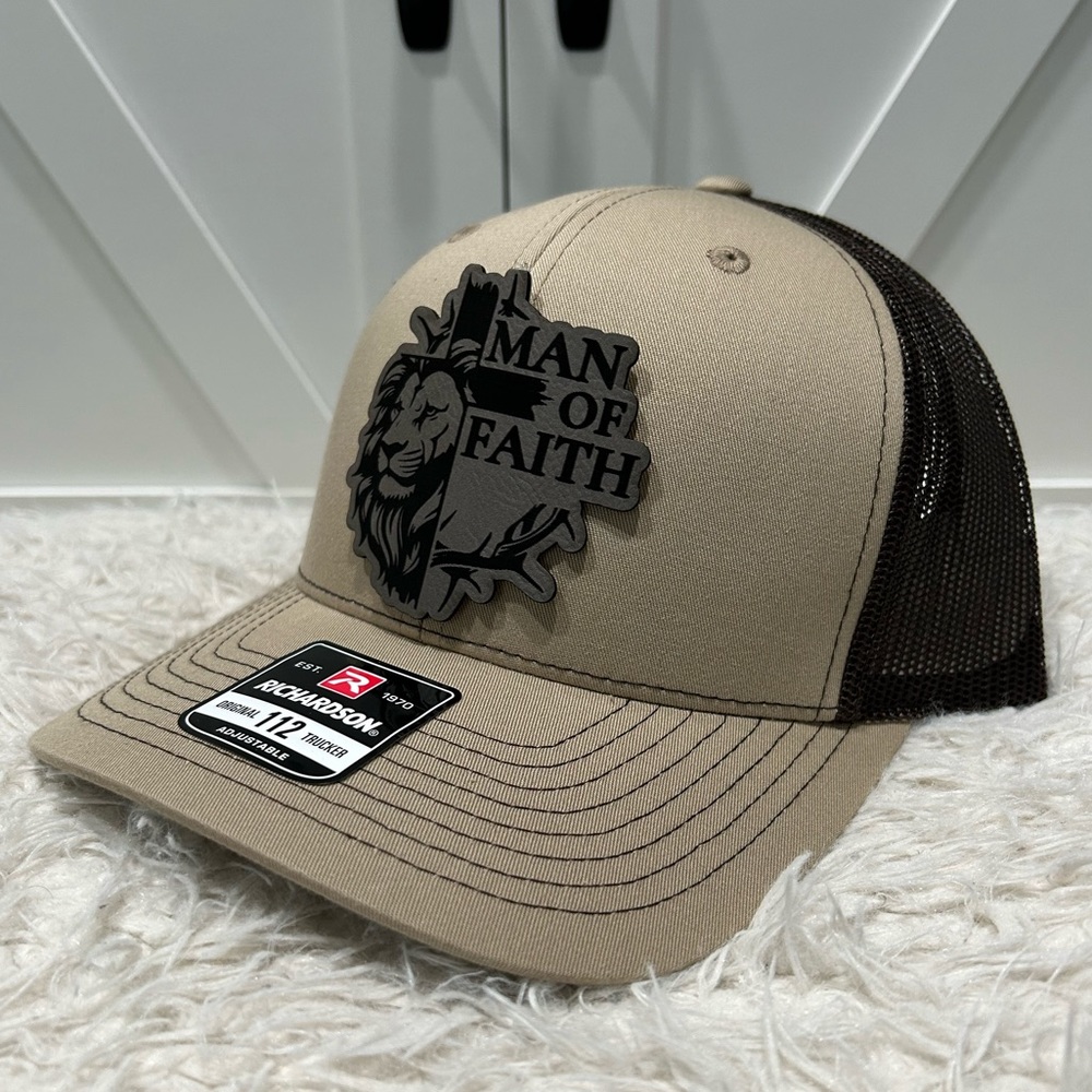 Man of faith laser engraved trucker Richardson 112 hat.